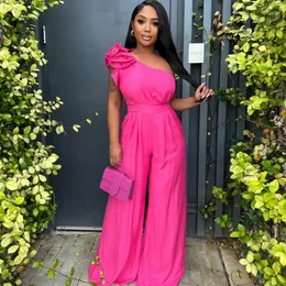 Casual Dresses Nigeria Fuchsia Loose Stretchy Women Jumpsuits One Shouler Flower Long Maxi Gowns Fashion African Jumpsuit