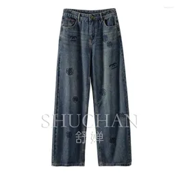 Women's Jeans Embroidery Wide Leg Pants COTTON Polyester Viscose Full Length Mujer Pantalones Pantalon Pour Femme