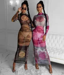Para Basılı Streç örgü elbiseler Kadınlar için Seksi Blackgold Party Club Sheer Uzun Kollu Bodycon Maxi Dress2417140