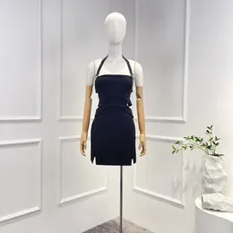 Vestidos casuais 2024 de alta qualidade Mini vestido de vestido preto de pescoço de pescoço com zíper para mulheres roupas femininas