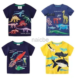 T-shirts barn lysande tecknadshaj dinosaurie t-shirt 100% bomull baby pojkar tees sommar ny kort ärm toppar dropshipping 240410