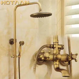 Antique Brass Wall Mounted Mixer Valve Rainfall Shower Faucet Complete Sets + 8" Brass Shower Head + Hand Shower + Hose YT-5317A