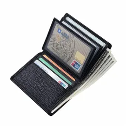 Lychee Pattern Cowhide Кожаные мужские кошельки ID ID держатели кредитных карт Короткая монета кошельки Mey Bag Clip Cover License N0AF#