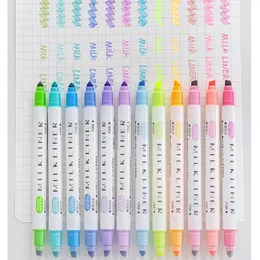 12pcs Milk Liner Pens Set Dual Side Bold Fine Tip Protect Eyes Mild Color Highlighter Marker Drawing Office School A6103
