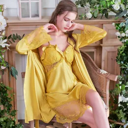 Sexy Ice Silk Robe Gown Sets Female Lace Trim Sleepwear Tempt Camisole Nightgown Spring Autumn Pyjamas Comfort Nightwear