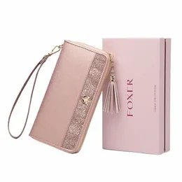 Foxer Frauen Glitzer geteiltes Leder LG Wallet Wallet mit Armband Luxus weibliche Geschenk Geldbeutel Lady Clutch Phe Bags Stylish Card Halter Y4KX#