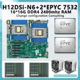 Motherboards H12DSiN6 Motherboard + 2* EPYC 7532 32C/64T 200w CPU Processor+16* 16GB=256GB RAM DDR4 2400mhz Memory FOR H12DSi N6 Socket SP3