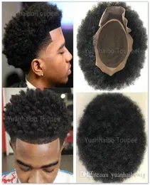 Black Color Virgin Human Hair Human Hair Afro Kinky Curl Men039s Toupee Mono con PU intorno e pizzo Front African Afro American maschio UN4058372