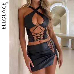 Ellolace Sexy krótkie mini spódnice dla kobiet 2 sztuki skórzany strój Lace Up Cross Bra Coquette Młodzież w dopasowaniu 240401