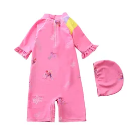 Costume da bagno per ragazze per bambini che nuota abito UV Proteggi un costume da bagno con un pezzo con cappello Summer Beach Girl Mermaid Costume