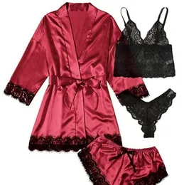 여자 잠자기 4pcs 플로럴 레이스 트림 새틴 잠옷 세트 로브 섹시한 가짜 실크 파이 자마 로브 세트 캐주얼 홈 옷 나이트웨어