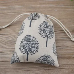Happy Tree Printed Linen Jewelry Gift Pouch 9x12cm 10x15cm 13x17cm pack of 50 Party Candy Favor Sack Jute Drawstring Bag266r