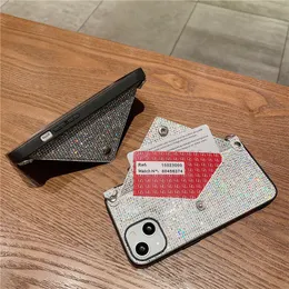 Glitter Luxury Diamond Wallet Card Phone Case för iPhone 13 12 11 14 15Pro Max XR XS 7 8 Plus Shining Crossbody Cover med kedjan