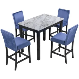 Mesa de jantar moderna de contador de 5 peças com 4 cadeiras de jantar estofadas, mesa branca de mármore falso+cadeiras azuis