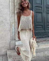 Sukienki robocze Canwedance Knitted Dwa kawałki zestaw sukienki bez ramiączek top mruk frędzle romantyczne damskie stroje boho w stylu haczyka vestidos