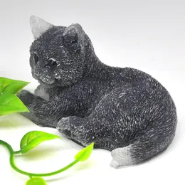3.3 "고양이 소형 돌 동상 자연스턴 보석 블루 골드 스톤 샌드 레이키 치유 결정 조각 된 석재 입상 공예 가정 장식