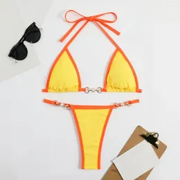 Women's Swimwear Women Bikini Swimsuit Chain Connection Micro Set Sexy Lace-up Halter Bra Brazilian Thong For Beachwear