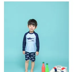Çocuk Mayo Üç Parça Çocuk Mayo Erkekler Dinozor Köpekbalığı Yaz Plajı Toddler Boy Boy UV Yüzme Mavisi Takım