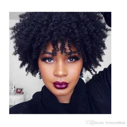 8A brasilianskt hår afrikansk ameri afro kort kinky lockig peruk simulering mänskligt hår lockigt peruk med bang3827758