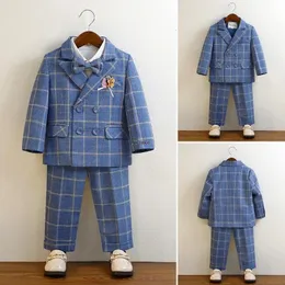 Kinder plaid blauer Hochzeitsanzug Baby 1 Jahr Geburtstagskleid Prince Kids Jacket Pant Poograph Flower Boys Tuxedo Kostüm 240401