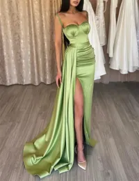 Simple Green Mermaid Evening Party Dress Abito spaghetti cinturino split sweep treno di raso femmini