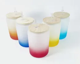 16oz NEW Sublimation Gradient Frosted Glasses tumbler With Wooden LidsPlastic Straws Straight Blank Water Bottles DIY Heat Transf7933179