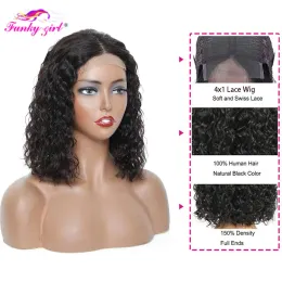Kısa kıvırcık bob peruk su dalgası insan saç perukları remy brezilya 13x1 4x1 bob t parça dantel peruk kadınlar için doğal siyah% 180 yoğunluk