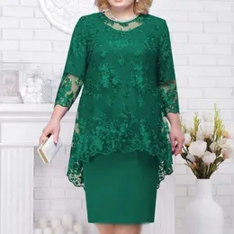 Plus Size 6XL Lace Oneck High Waist Midi Dress Elegant Embroidery 34 Sleeve Lady Evening Female Clothing Vestido 240410