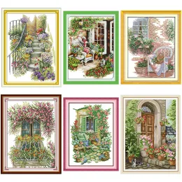 Joy Sunday Window Sill Flower Scenery Series Cross Stitch Kit Floral Pattern Aida 14CT11CT Count Print Embroidery Needlework Set