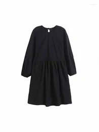 Casual Dresses Women Chic Fashion Side Pockets Decoration Loose Pleated Mini Dress Vintage Long Sleeve Female Vestidos Mujer