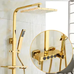 Gold Shower Set Senducs Quality Brass Bathroom Faucet 8 Inch Rainfall Shower Head with Free Bathroom Shelf Gold Shower Suit
