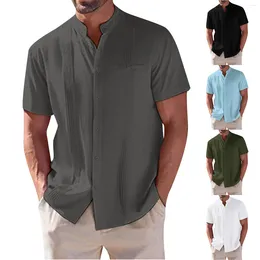 Camisetas masculinas Mens primavera e verão cor sólida com lapelas de bolso Meia praia Tops de moda de camisa casual de grandes dimensões