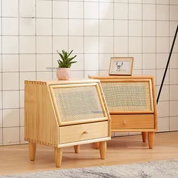 Nordic Massivholz Nachttisch Schlafzimmer Möbel Einfache Rattan Nachttisch Heim Schubladen Apartment Locker Magazin Bücherregal TG TG