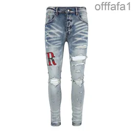 Mens 청바지 고민 오토바이 자전거 타는 사람 Jean Rock Skinny Slim Ripped Hole Letter 최고 품질 브랜드 힙합 Denim Pants28-40 I8QX