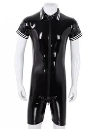 S-7XL Manga curta Men Wet Look PVC Catsuits Playsiits Playshiny PU Zipper de couro aberto Bodys Telts Body Teddies Leotard 240327