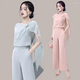 Women's Two Piece Pants 2024 Summer Women Sets 2 Pieces Outfits Fashion Elegant O-neck Short Sleeve Solid Chiffon Pantsuits Dresses For Prom