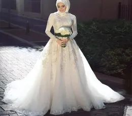 Vestido elegante de noiva 2019 elegante mangas compridas pescoço alto vestidos de noiva muçulmano Tulle zíper de costas Lace Islâmico Vestidos de noiva 9561512