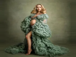 Anpassa Ruffle Prom Dress Maternity Robes for Po Shoot eller Baby Shower Tulle Chic Women Plus Size Long Sleeve Pography Robe5417764