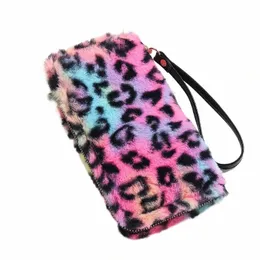 Kvinnor fi leopard tryck faux päls lg plånbok damer cheetah mönster fluffig koppling purse mey clip furry cell pha plånbok v1vt#