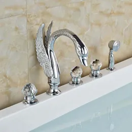 Swan Style Chrom Messing 5pcs Badewanne Wasserhahn Set Deck Mount Reitweite Badewanne Mixer mit Handshower