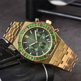 Luxury Men's Quartz Watches High Quality Six Hands Diamond Encrusted Running Seconds Multifunction Datejust Calendar Steel Strap Watches