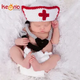 Keenomommy häket babyjunge mädchen doktor Krankenschwester fotografie Requisiten gestrickt Neugeborene Foto Kostüm Babyparty Geschenk H298