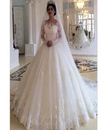 Vacker prinsessor bollklänning bröllopsklänningar juvel hals långärmad spetsar applikationer kapell bröllop klänning tyll plus size brud dres4439302