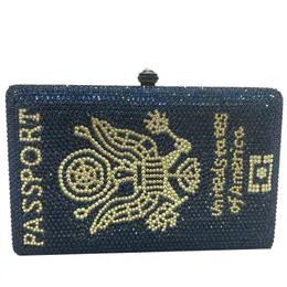Boutique De FGG Novelty America Passport Box Clutch Women Crystal Evening Handbags and Purses Party Dinner Rhinestone Bags