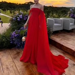 Off Shoulder Evening Dresses Long A Line Prom Dress Elegant Red Chiffon Formal Party Gown with Train