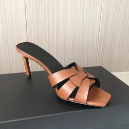 Tribute dokuma haç stiletto topuk sandalet terlikleri 8.5cm 6.5cm katır slaytlar kare açık turlu ayakkabılar kadın lüks tasarımcılar patent deri dış taban gündelik ayakkabılar kutu