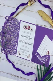 Shimmery Purple Laser Cut Pocket Wedding Invitation Suites 사용자 정의 가능한 초대장 응답 카드 및 봉투 2533331