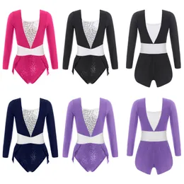 Long Sleeve Sequins Dance Leotards for Girls, Ballet and Gymnastics Jumpsuit, Dancewear for Children, Kids and Girls