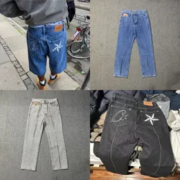 Jeans Men Jeans Bordado High Street Trend Vintage Lavado Jeans angustiado Mens hip hop casual shorts de jeans casuais