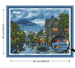 Huacan Cross Stitch Street Cenário de bordados de bordados kits de paisagem da cidade de bordados decoração de casa de casa branca 14ct 40x50cm